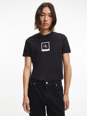 Black Calvin Klein Slim Organic Cotton Logo Men T-Shirt | PRVI-80239