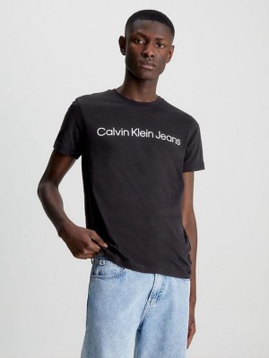 Black Calvin Klein Slim Organic Cotton Logo Men T-Shirt | PBNQ-40657