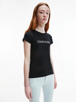 Black Calvin Klein Slim Organic Cotton Logo Girls's T-Shirt | NTGR-67184