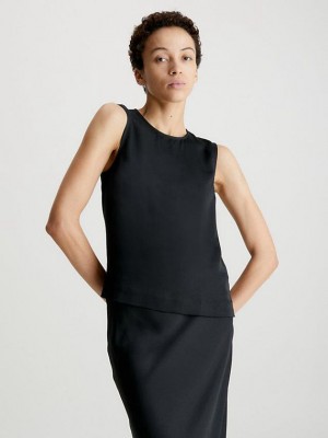 Black Calvin Klein Slim Recycled Crepe Tank Women Top | KTAI-86153