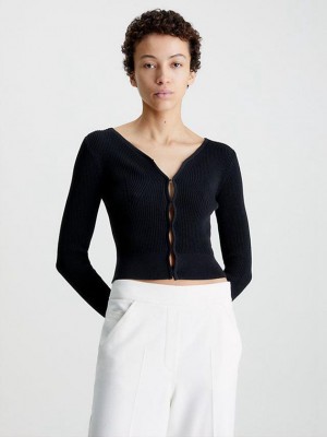 Black Calvin Klein Slim Ribbed Cardigan Jumper Women Sweater | OPHI-47619