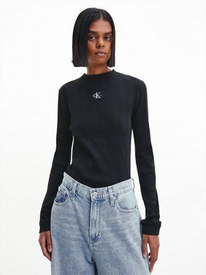 Black Calvin Klein Slim Ribbed Long Sleeve Women Top | QFTZ-57649