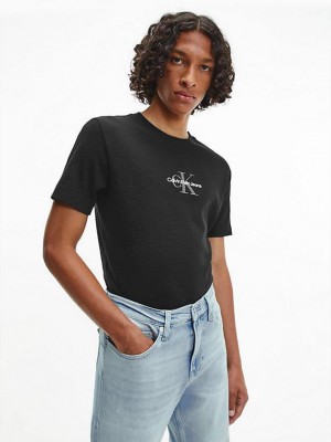 Black Calvin Klein Slim Ribbed Men T-Shirt | MAIR-38571