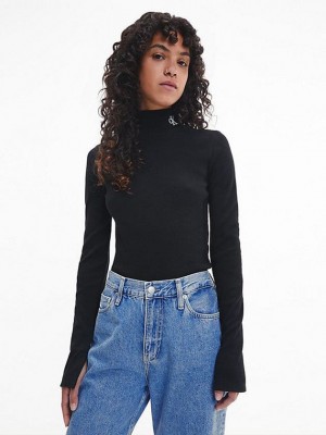 Black Calvin Klein Slim Ribbed Mock Neck Women Top | ZFUB-40582