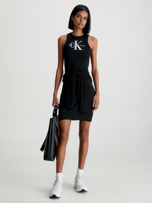 Black Calvin Klein Slim Ribbed Monogram Tank Women Dress | UYFE-10327