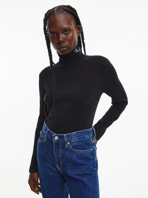 Black Calvin Klein Slim Roll Neck Jumper Women Sweater | FMUV-31874