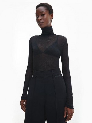 Black Calvin Klein Slim Sheer Mock Neck Jumper Women Sweater | EQWK-87530