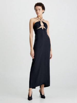 Black Calvin Klein Slim Strappy Maxi Slip Women Dress | XUID-93140