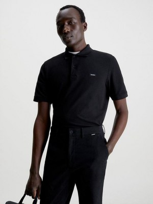 Black Calvin Klein Slim Stretch Pique Men Polo Shirt | IJYC-08317