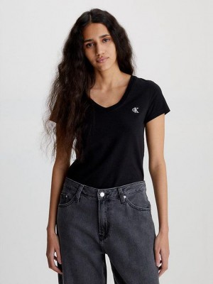 Black Calvin Klein Slim V-Neck Women T-Shirt | EBYD-81947