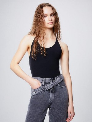 Black Calvin Klein Strappy Open Back Women Bodysuit | SJNH-19457
