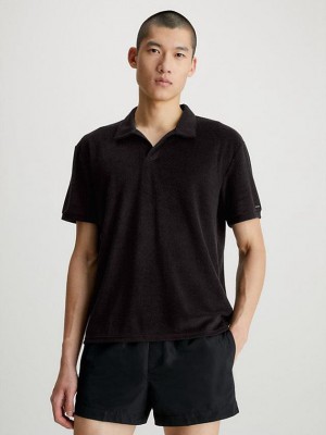 Black Calvin Klein Towelling Beach Men Polo Shirt | RBAS-26403