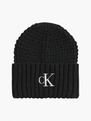 Black Calvin Klein Waffle Knit Women Beanie | UPNF-06872