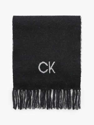 Black Calvin Klein Wool Blend Logo Women Scarf | MOVH-14095