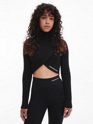 Black Calvin Klein Wool Knit Wrap Women Top | BDOX-85163