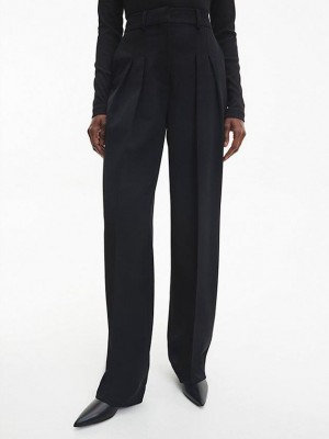 Black Calvin Klein Wool Twill Pleated Women Pants | UPQA-64209