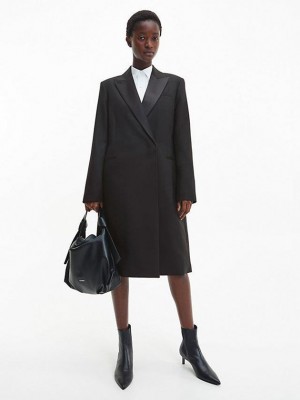 Black Calvin Klein Wool Twill Tuxedo Women Coat | BATU-86142
