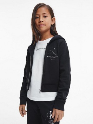 Black Calvin Klein Zip Up Girls's Hoodie | DXGJ-15478
