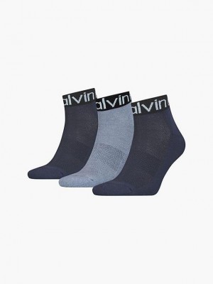 Blue Calvin Klein 3 Pack Logo Ankle Men Socks | FCDT-69134