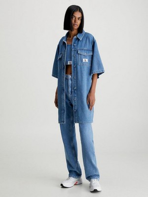 Blue Calvin Klein Belted Denim Shirt Women Dress | DEZH-76508