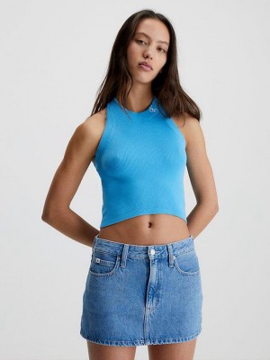Blue Calvin Klein Cotton Knit Halter Neck Women Top | RYZK-69472