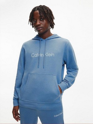 Blue Calvin Klein Cotton Terry Logo Men Hoodie | JWYV-42513