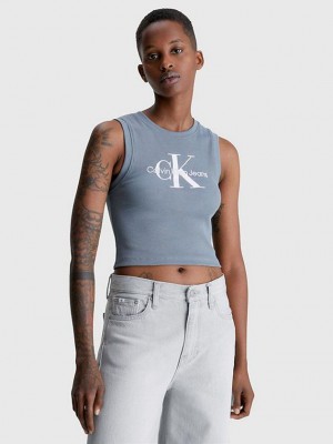 Blue Calvin Klein Cropped Monogram Tank Women Top | DTNH-51792