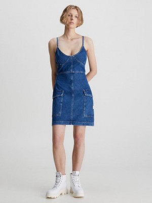 Blue Calvin Klein Fitted Denim Utility Women Dress | IPVQ-01826