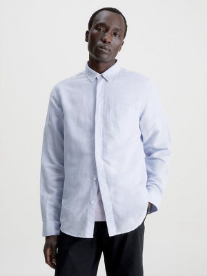 Blue Calvin Klein Linen Cotton Men Shirts | CFLI-38975