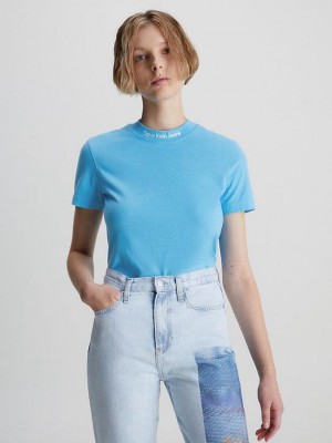 Blue Calvin Klein Logo Collar Women T-Shirt | HZYR-21067