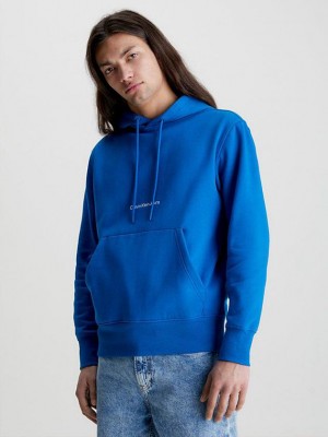Blue Calvin Klein Logo Men Hoodie | DOHZ-31048