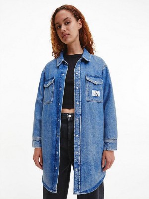 Blue Calvin Klein Long Padded Denim Shirt Women Jacket | CTPM-15947