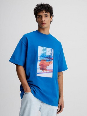 Blue Calvin Klein Oversized Embroidered Men T-Shirt | LTYM-87132