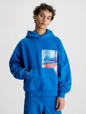 Blue Calvin Klein Oversized Embroidered Men Hoodie | WGVQ-93162