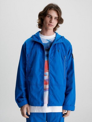 Blue Calvin Klein Recycled Nylon Hooded Windbreaker Men Jacket | VZBT-80216