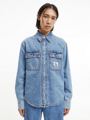 Blue Calvin Klein Relaxed Utility Men Shirts | XJVT-65871