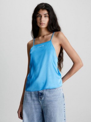 Blue Calvin Klein Satin Cross Back Cami Women Top | UZTV-13475