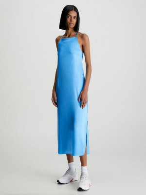 Blue Calvin Klein Satin Open Back Maxi Women Dress | IQHG-16095
