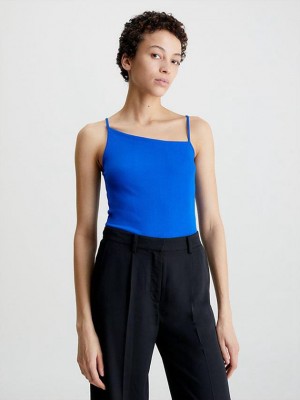 Blue Calvin Klein Skinny Ribbed Asymmetric Women Top | AGYZ-29105