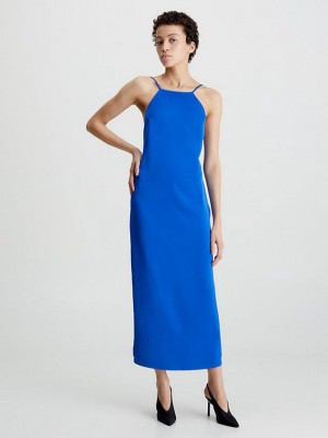 Blue Calvin Klein Slim Halter Low Back Women Dress | LWHP-04738
