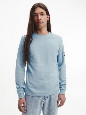 Blue Calvin Klein Slim Long Sleeve Badge Men T-Shirt | EOWP-08365