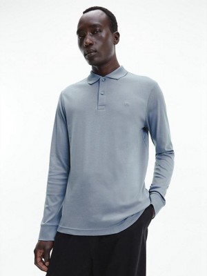Blue Calvin Klein Slim Long Sleeve Men Polo Shirt | NKGH-01495