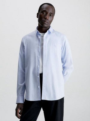 Blue Calvin Klein Slim Poplin Stretch Men Shirts | QJTX-29381