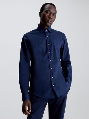 Blue Calvin Klein Slim Poplin Stretch Men Shirts | DUBT-48102
