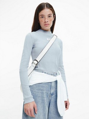 Blue Calvin Klein Slim Ribbed Long Sleeve Women Top | PHBI-58321