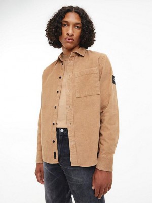 Brown Calvin Klein Cotton Corduroy Men Shirts | NKHQ-09751