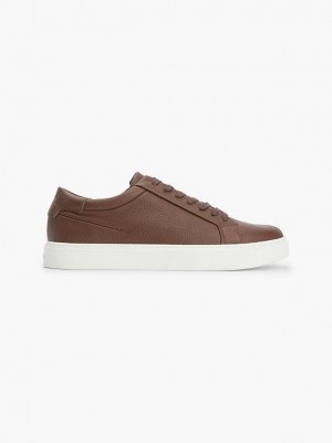 Brown Calvin Klein Leather Men Sneakers | PORD-53027