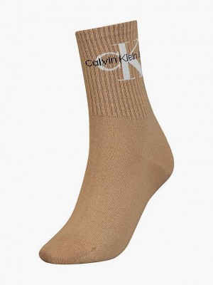 Brown Calvin Klein Logo Crew Women Socks | ZKPO-21593