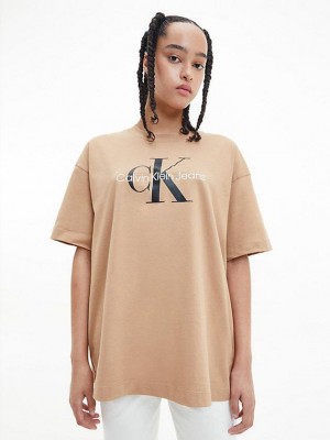 Brown Calvin Klein Organic Cotton Monogram Women T-Shirt | EHFM-15623