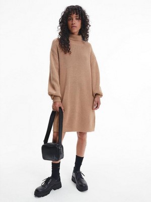 Brown Calvin Klein Organic Cotton Roll Neck Jumper Women Dress | YAGL-46097
